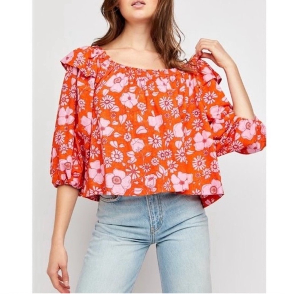 Free People Miss Daisy Top Ruffle Boho Flowy Small Cotton Floral